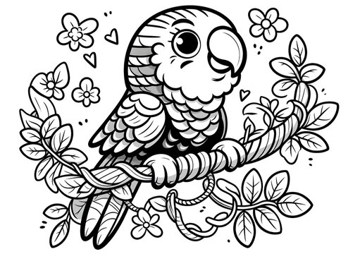 Colouring Page Black Ink drawing on a white page of a cute curious lorikeet or parakeet