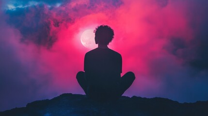 Obraz premium Silhouette of man meditating with a colorful sky in the background.