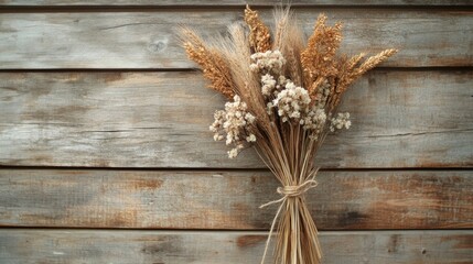 Fototapeta premium Dried wheat and white flowers tied with twine against a weathered wood background