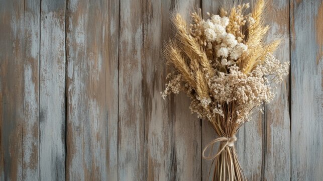 Dried Wheat and White Flowers on Weathered Wood Background