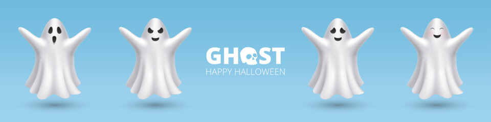 3D ghost with a set of emotions for Halloween. Realistic evil and cute ghost. Banner design with stylised inscription. Vector illustration. EPS 10.