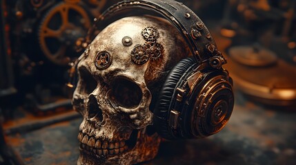Fototapeta premium A vintage skull adorned with old-fashioned leather headphones, steampunk style, sepia tones, intricate mechanical gears, detailed illustration