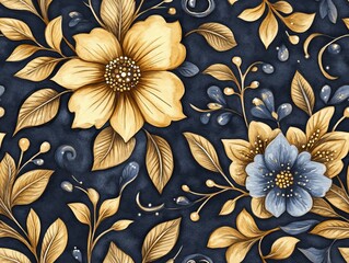 Fototapeta premium Seamless pattern of a beautiful floral pattern featuring blue and gold flowers on a dark background.