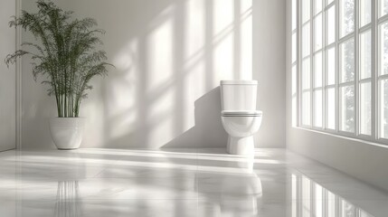 Pristine white porcelain toilet in a minimalist bathroom, showcasing modern design with clean lines, simple decor, and soft lighting, evoking hygiene and sanitation