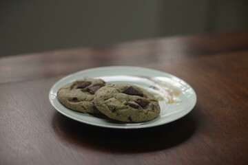Chocolate chip cookies over a wood table