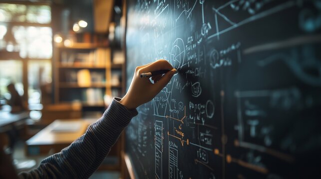 A hand writes on a blackboard, swirling chalk dust, in a cozy, sunlit classroom filled with books. - Powered by Adobe