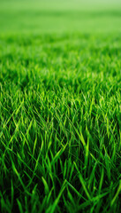 Close-up of vibrant green grass blades swaying gently in a summer breeze, capturing the essence of nature's beauty.