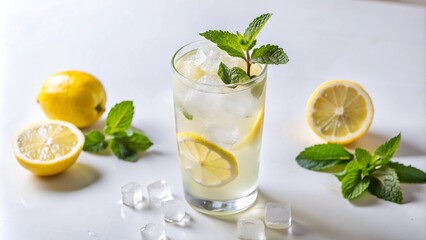 Fototapeta premium Refreshing lemonade with mint and ice in a glass.