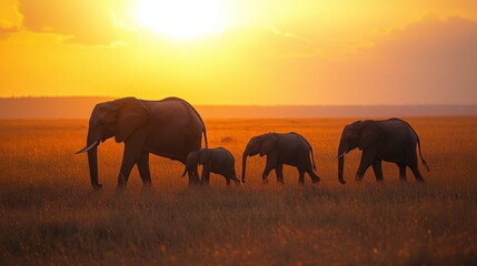 Family of Elephants Walking in a Golden Savanna Sunset