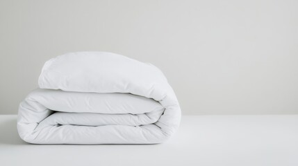Folded soft white duvet, blanket or bedspread, against white background. Close up photo