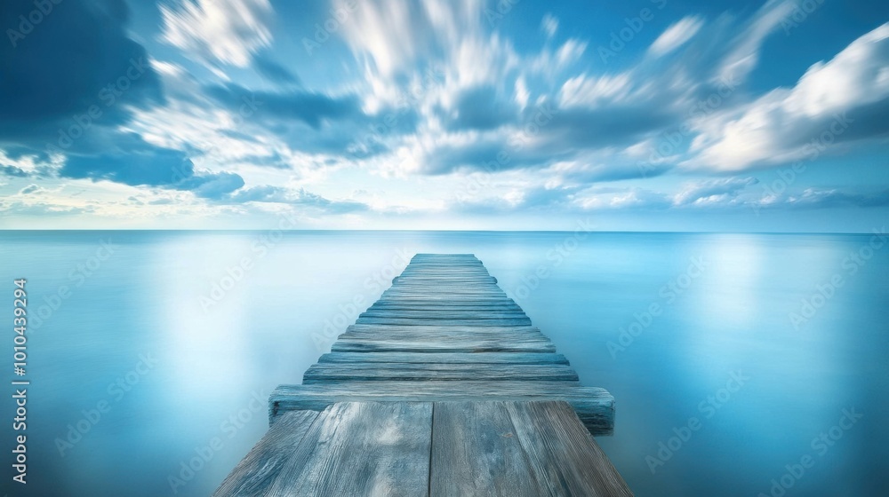 Poster a pier extending into an empty ocean, minimalist and calm.