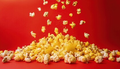 Clean red background with popcorn falling from the top, creating a scattered effect.