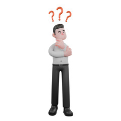 Professional Strategy Male Character. A male businessman is standing with his left hand holding his chin while his right hand is holding his left elbow, as if he is thinking about a strategy. 3D Busi