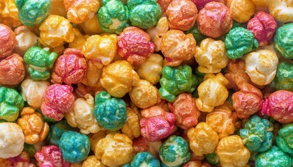 Fototapeta premium Colorful candy-coated popcorn background, creating a festive and playful surface.