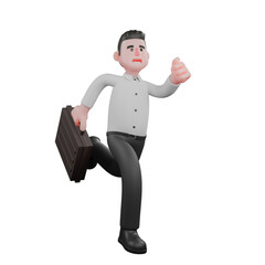 Strategy Illustration. A male businessman is running with his right hand behind his body carrying a work suitcase while his left hand is in front of his body. 3D Male Businessman Character