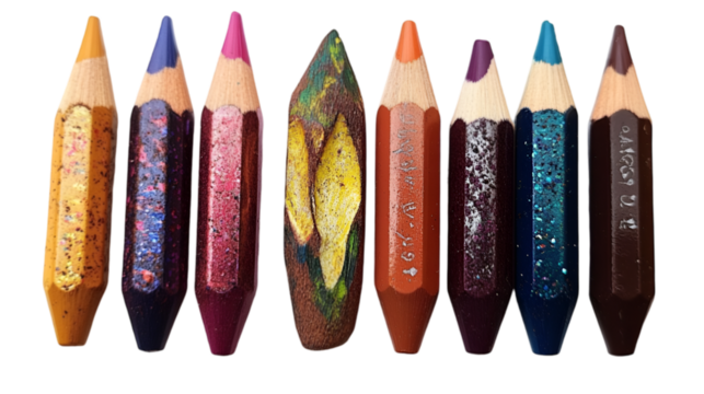 Arrange of sharpened color pencil on white and transparent background. PNG cutout.