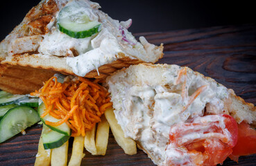 Cut doner with a crispy crust and delicious meat and vegetable filling on a dark background.