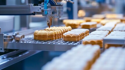 Automated Production Line Dispensing Icing on Cakes