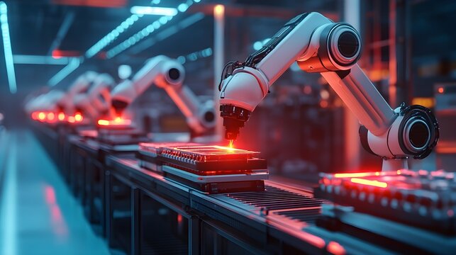 Advanced robots operating in unison, using lasers to detect flaws in food products during a high-tech manufacturing process, glowing beams of light