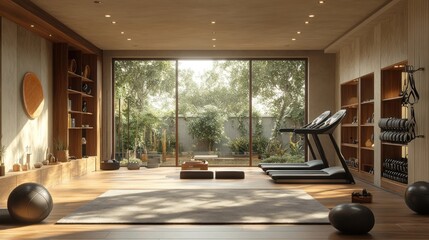 Fototapeta premium Modern fitness room with exercise equipment and natural light.