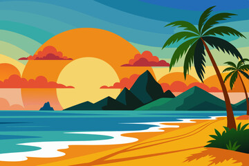 Pacific sunrise in Sea beach vector art illustration