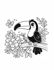 Obraz premium Colouring Page Black Ink drawing on a white page of a cute toucan on a tree branch.