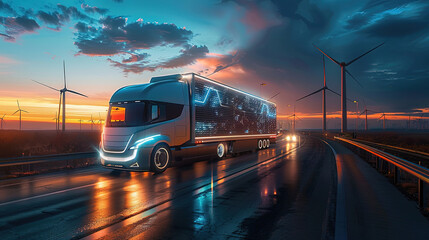 Futuristic modern Truck Driving on Open Road at Sunset, Conceptual Illustration of High-Tech Transportation and Modern Design