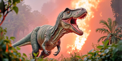 Tyrannosaurus rex in forest fire