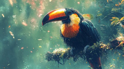 Obraz premium Vibrant Toucan Perched on Branch in Jungle Setting