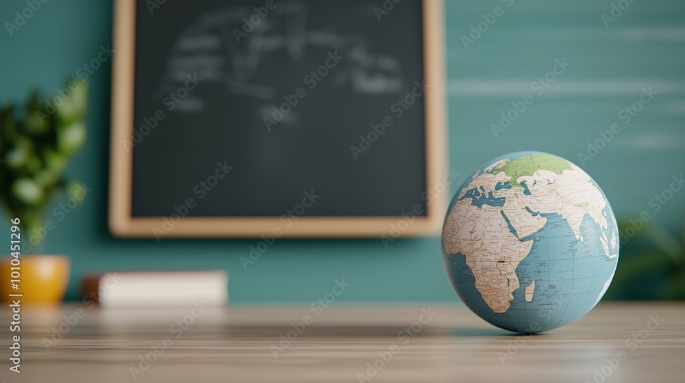 Wall mural Globe on wooden desk with chalkboard background