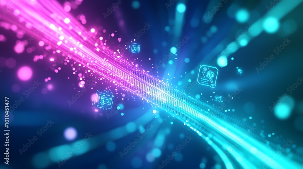 Aufkleber Abstract background with glowing lines and digital icons, representing fast data transfer and digital connection.