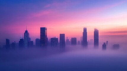 Fototapeta premium A misty skyline at dawn, showcasing tall buildings under a colorful sky.