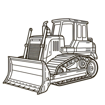 Colouring Page style Black Ink drawing on a white page of bulldozer