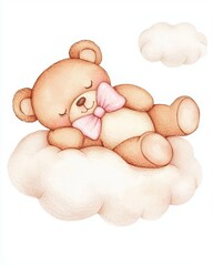 Fototapeta premium watercolor painting of a teddy bear with a pink bowtie sleeping on a cloud