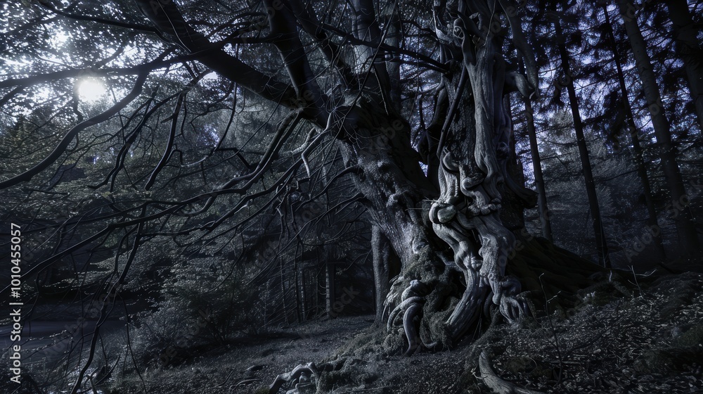 Poster Gnarled Old Tree with Twisted Roots in Mysterious Forest