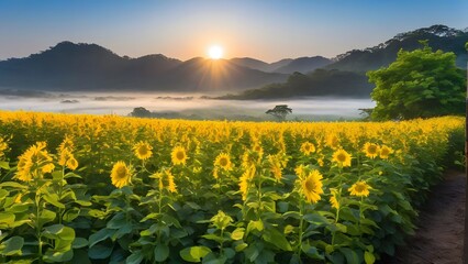 Fototapeta premium sunset over the sunflowers lake