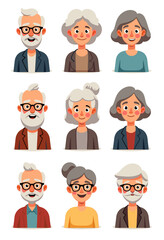 Fototapeta premium Vector Illustrations of Senior Citizens: Diverse Set of Happy Elderly Men and Women
