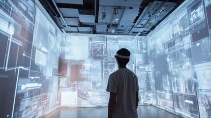 Fototapeta premium A Person in a Virtual Reality Headset Stands Before a Wall of Screens Displaying Data and Cityscapes