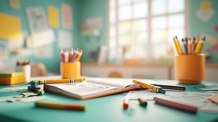 Creative workspace with colored pencils and artwork scattered on a bright table.