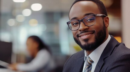 Fototapeta premium Close-up Portrait of a Smiling Black Businessman in a Suit