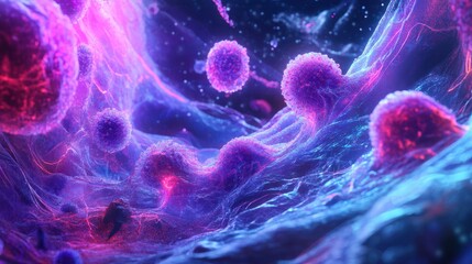 A conceptual image of a hightech medical examination of cancer cells, with micro to macro scaling, accentuated by dynamic neon lighting for dramatic effect
