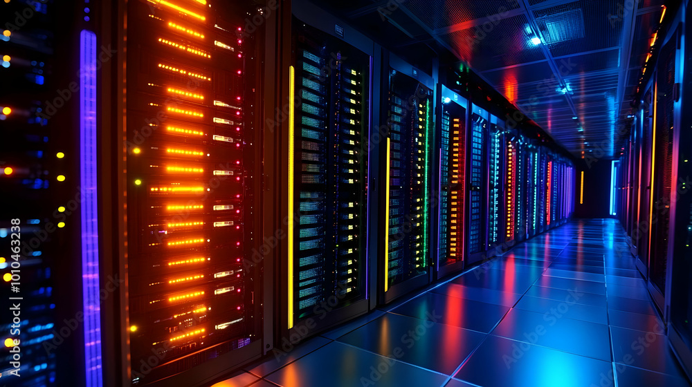 Aufkleber server racks with colorful lights in data center