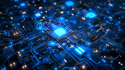 Abstract background with blue glowing digital technology and circuit board elements