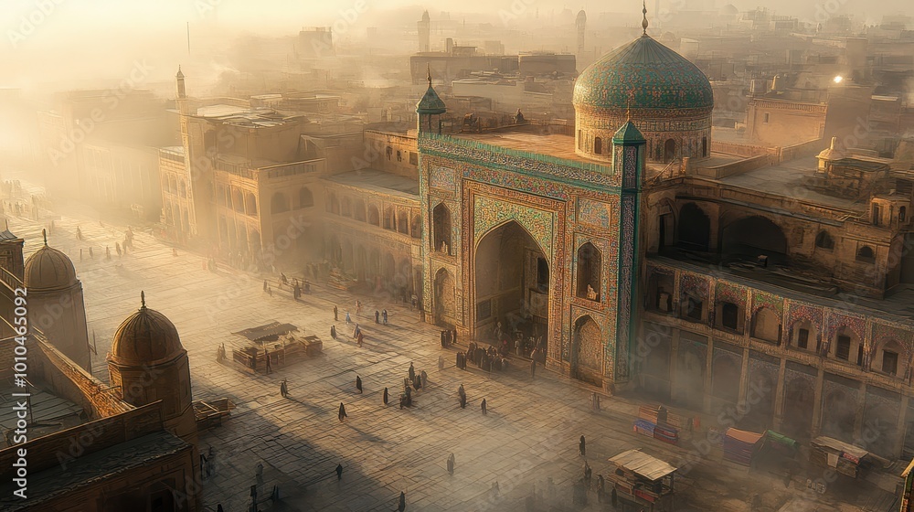 Poster a misty view of an ancient architectural site with domes and intricate patterns.