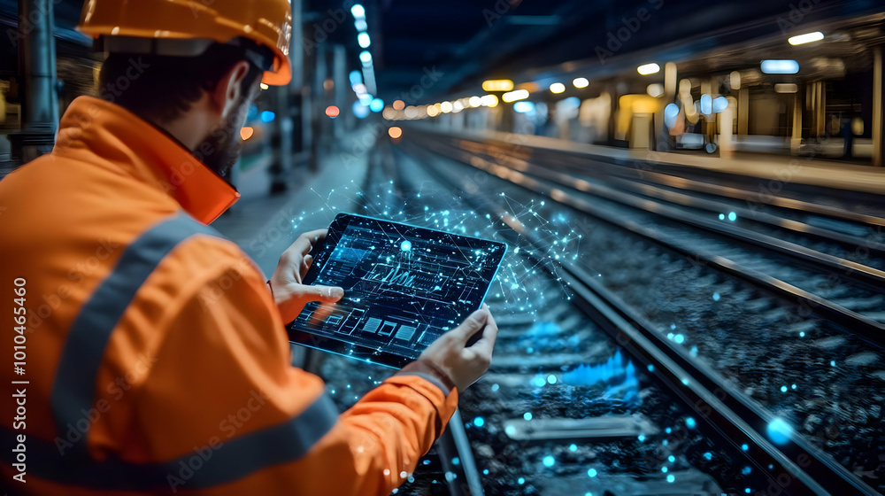 Poster railroad worker using tablet for track maintenance with data visualization