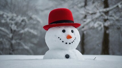 Obraz premium Snowman with a carrot nose, hat, scarf, coal buttons and stick arms standing outside on a winters day. Concept of winter, snow and childhood.