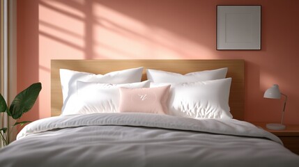 Modern bedroom interior with soft colors, natural light, and cozy bedding.