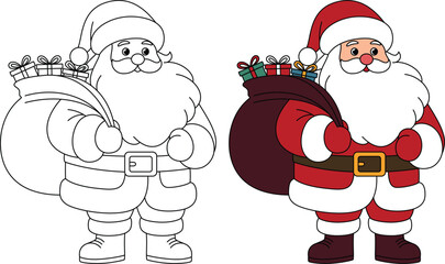 Santa with Bag Full of Gifts Outline Coloring Page. Christmas and Winter Illustration
