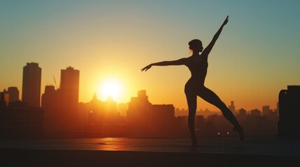 Fototapeta premium Silhouette of a Ballerina Dancing at Sunset in a City Skyline