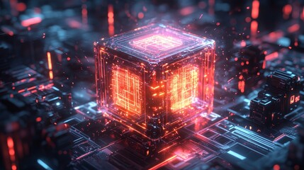 Obraz premium A glowing quantum computer unit, surrounded by flowing energy streams, suspended in a dark, high-tech environment with futuristic robotic elements